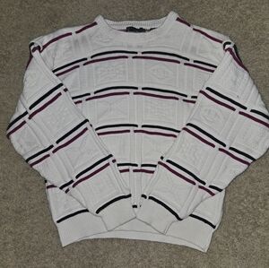 Vintage Kenneth Roberts White Red & Black Pattern crew Neck Cableneck Sweater L